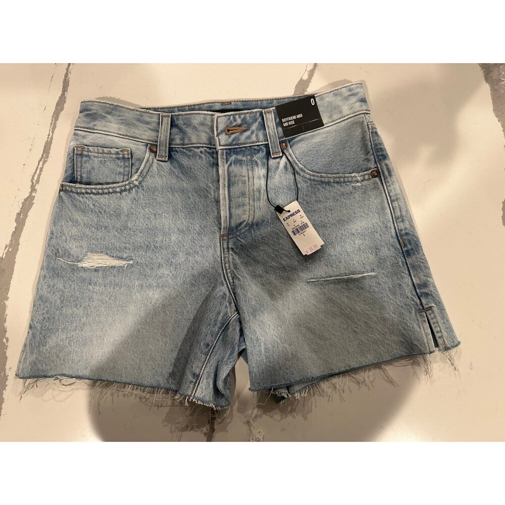 Express Light Wash Frayed Hem Denim Shorts